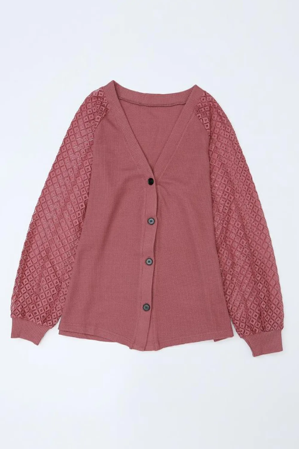 Outlet Dear-Lover Waffled Knit Lace Long Sleeve Buttoned Cardigan Fiery Red