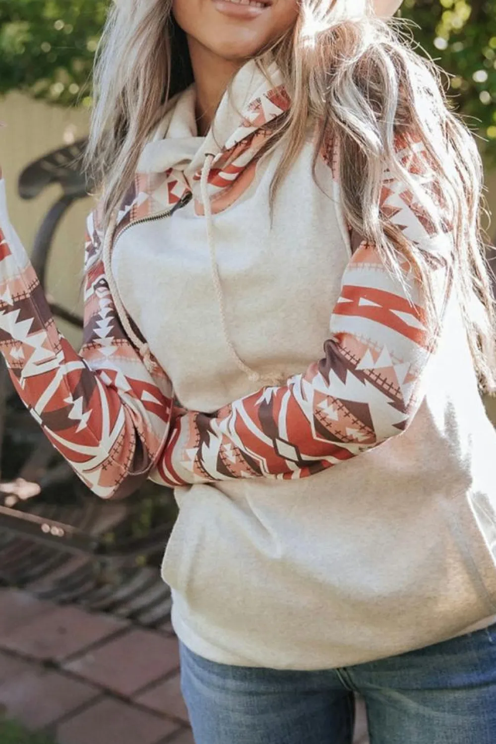 Clearance Dear-Lover Western Aztec Print Patchwork Double Hood Hoodie Printed