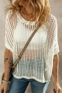 Outlet Dear-Lover Whit Fishnet Knit Ribbed Round Neck Short Sleeve Sweater Tee White