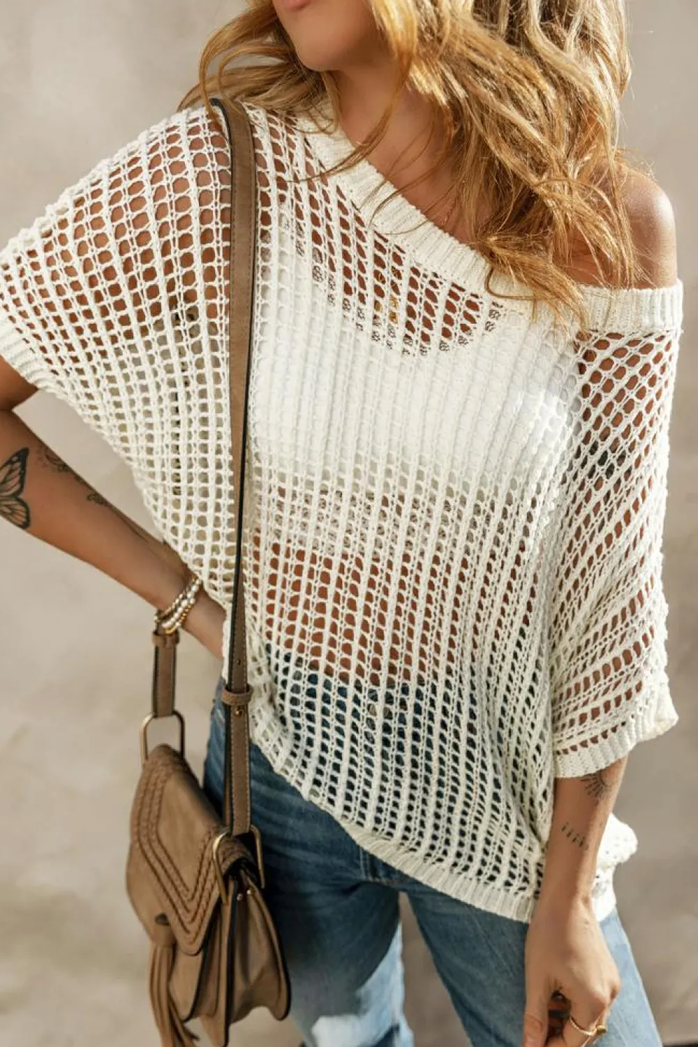 Outlet Dear-Lover Whit Fishnet Knit Ribbed Round Neck Short Sleeve Sweater Tee White