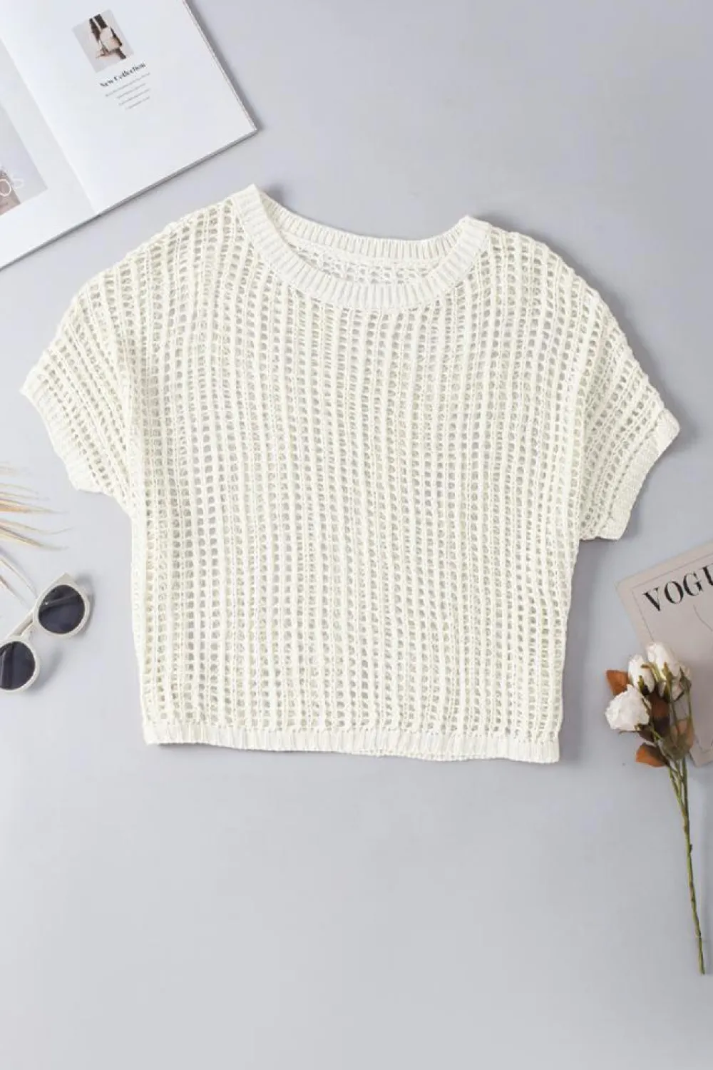Outlet Dear-Lover Whit Fishnet Knit Ribbed Round Neck Short Sleeve Sweater Tee White