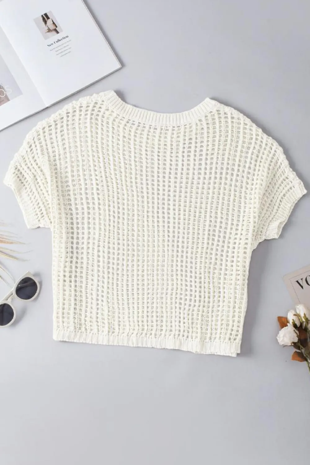 Outlet Dear-Lover Whit Fishnet Knit Ribbed Round Neck Short Sleeve Sweater Tee White