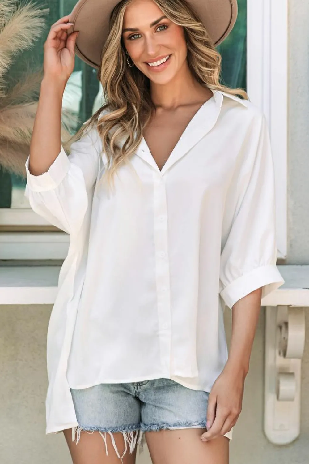 Hot Dear-Lover 3/4 Puff Sleeve Oversize Shirt White