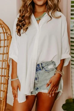Hot Dear-Lover 3/4 Puff Sleeve Oversize Shirt White
