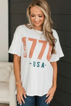 Fashion Dear-Lover 1776 USA Vintage Graphic T Shirt White