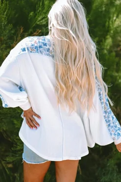 Fashion Dear-Lover Abstract Floral Patchwork Batwing Sleeve V Neck Blouse White