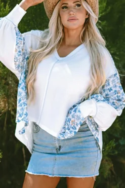 Fashion Dear-Lover Abstract Floral Patchwork Batwing Sleeve V Neck Blouse White