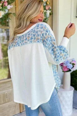 Fashion Dear-Lover Abstract Floral Patchwork Batwing Sleeve V Neck Blouse White