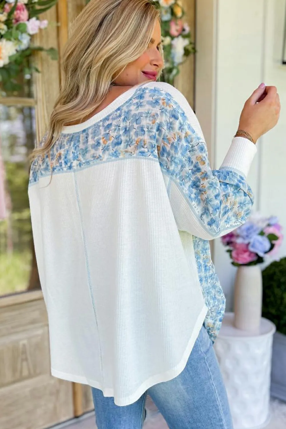 Fashion Dear-Lover Abstract Floral Patchwork Batwing Sleeve V Neck Blouse White