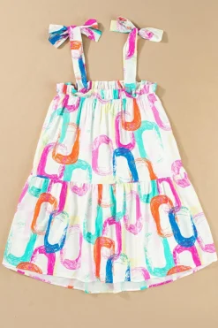 Sale Dear-Lover Abstract Print Knotted Straps Ruffled Mini Dress White