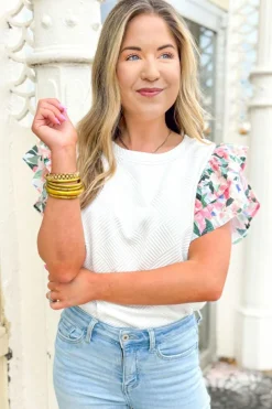 Clearance Dear-Lover Abstract Print Tiered Ruffled Sleeve Textured Knit Top White