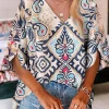 Sale Dear-Lover Abstract Printed Notched V Neck Split Half Sleeve Blouse White