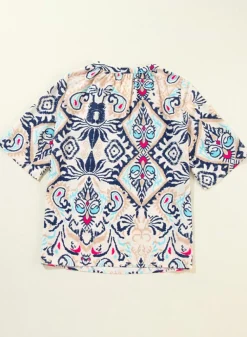 Sale Dear-Lover Abstract Printed Notched V Neck Split Half Sleeve Blouse White