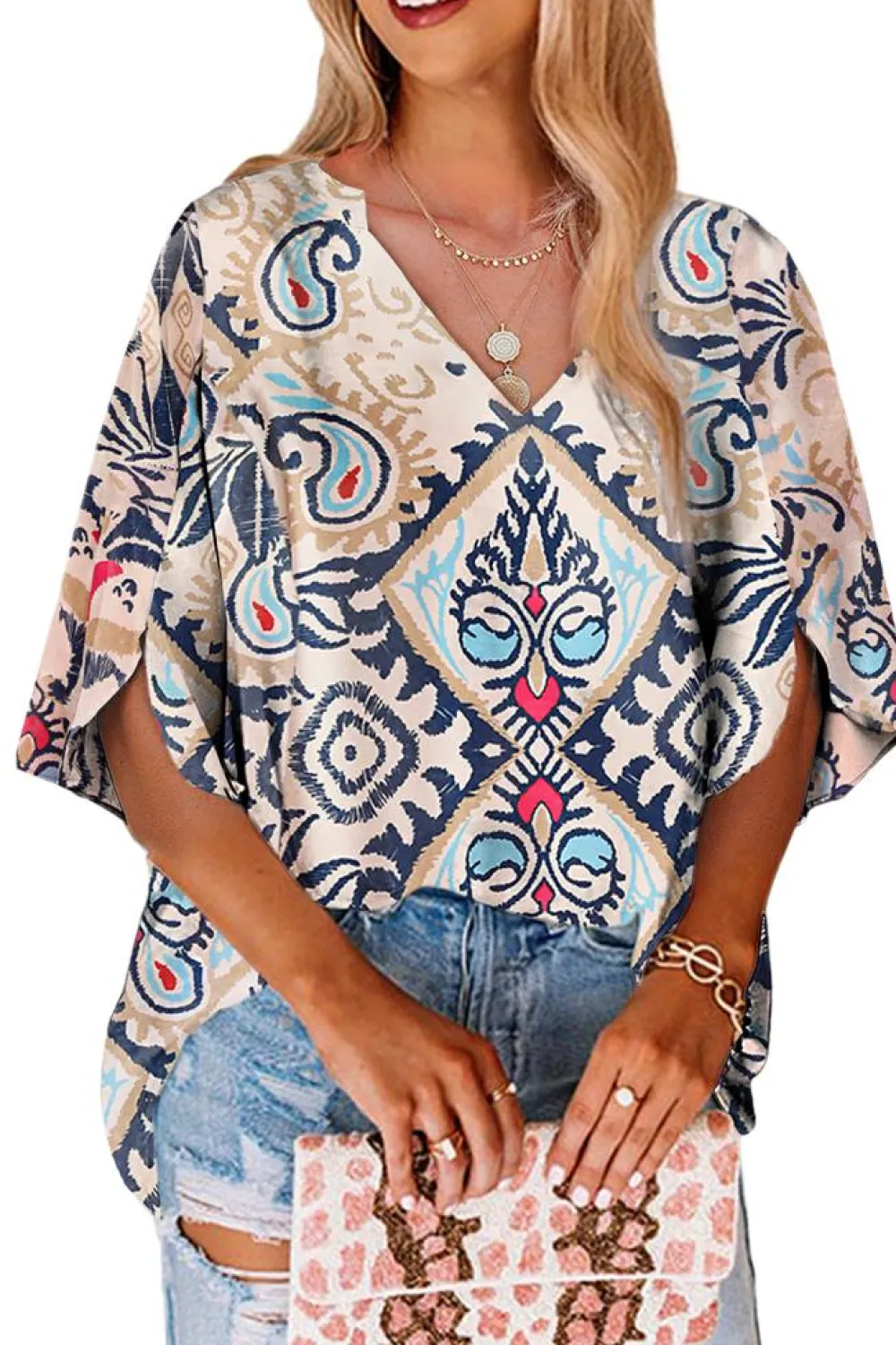 Sale Dear-Lover Abstract Printed Notched V Neck Split Half Sleeve Blouse White