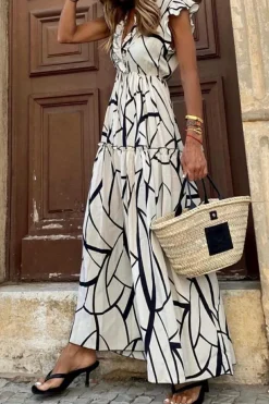Outlet Dear-Lover Abstract Vein Print V Neck Ruffle Maxi Dress White