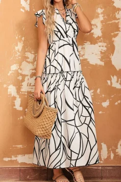 Outlet Dear-Lover Abstract Vein Print V Neck Ruffle Maxi Dress White