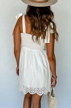 Best Dear-Lover Adjustable Tie Straps Smocked Mini Dress White