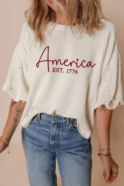 Discount Dear-Lover America EST 1776 Embroidered Pearl Beaded Sleeve T Shirt White