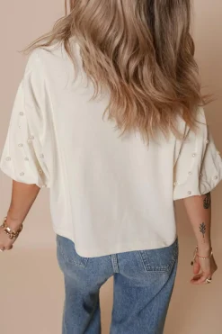Discount Dear-Lover America EST 1776 Embroidered Pearl Beaded Sleeve T Shirt White