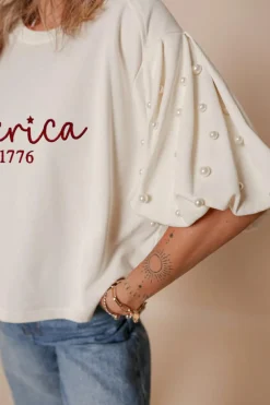 Discount Dear-Lover America EST 1776 Embroidered Pearl Beaded Sleeve T Shirt White