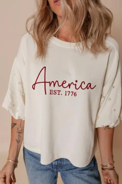 Discount Dear-Lover America EST 1776 Embroidered Pearl Beaded Sleeve T Shirt White