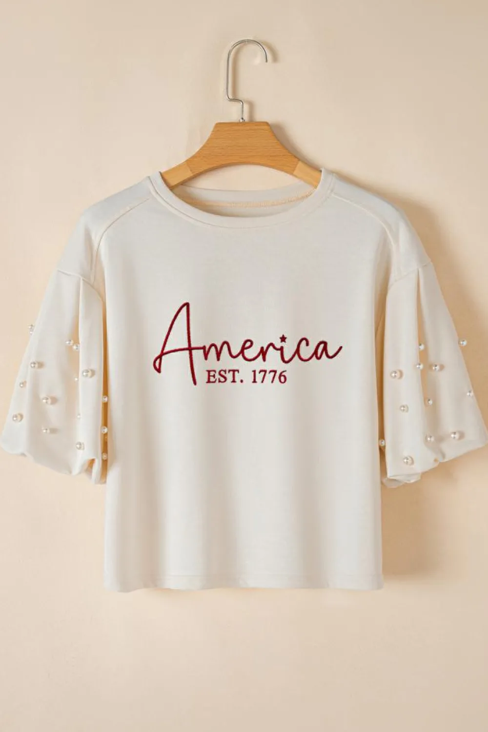 Discount Dear-Lover America EST 1776 Embroidered Pearl Beaded Sleeve T Shirt White