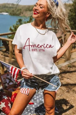 Discount Dear-Lover America EST.1776 Embroidered Graphic Tee White
