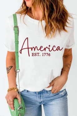Discount Dear-Lover America EST.1776 Embroidered Graphic Tee White