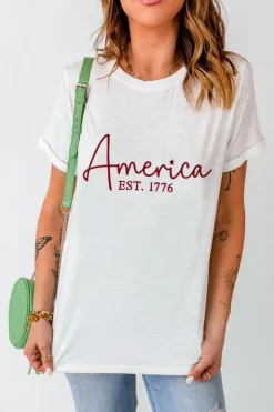 Discount Dear-Lover America EST.1776 Embroidered Graphic Tee White