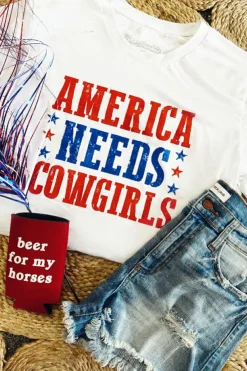 Hot Dear-Lover America Needs Cowgirls Crew Neck Graphic Tee White
