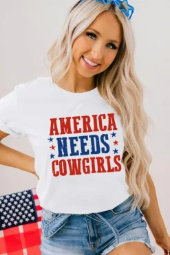 Hot Dear-Lover America Needs Cowgirls Crew Neck Graphic Tee White