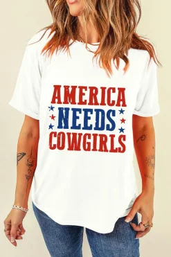 Hot Dear-Lover America Needs Cowgirls Crew Neck Graphic Tee White