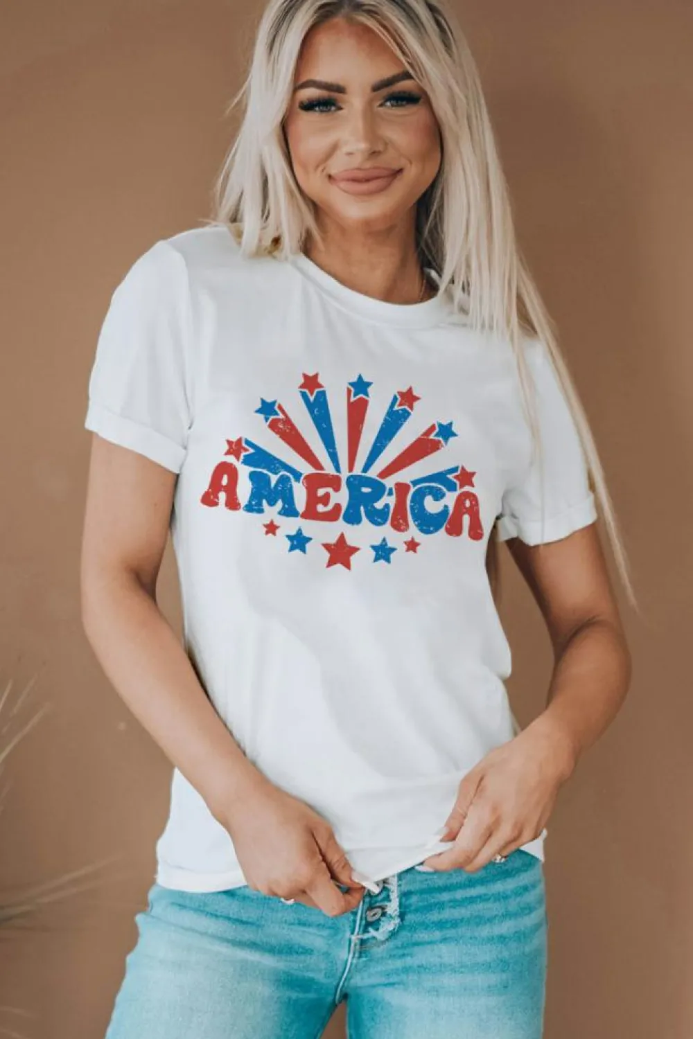 Hot Dear-Lover AMERICA Star Graphic Round Neck Tee White