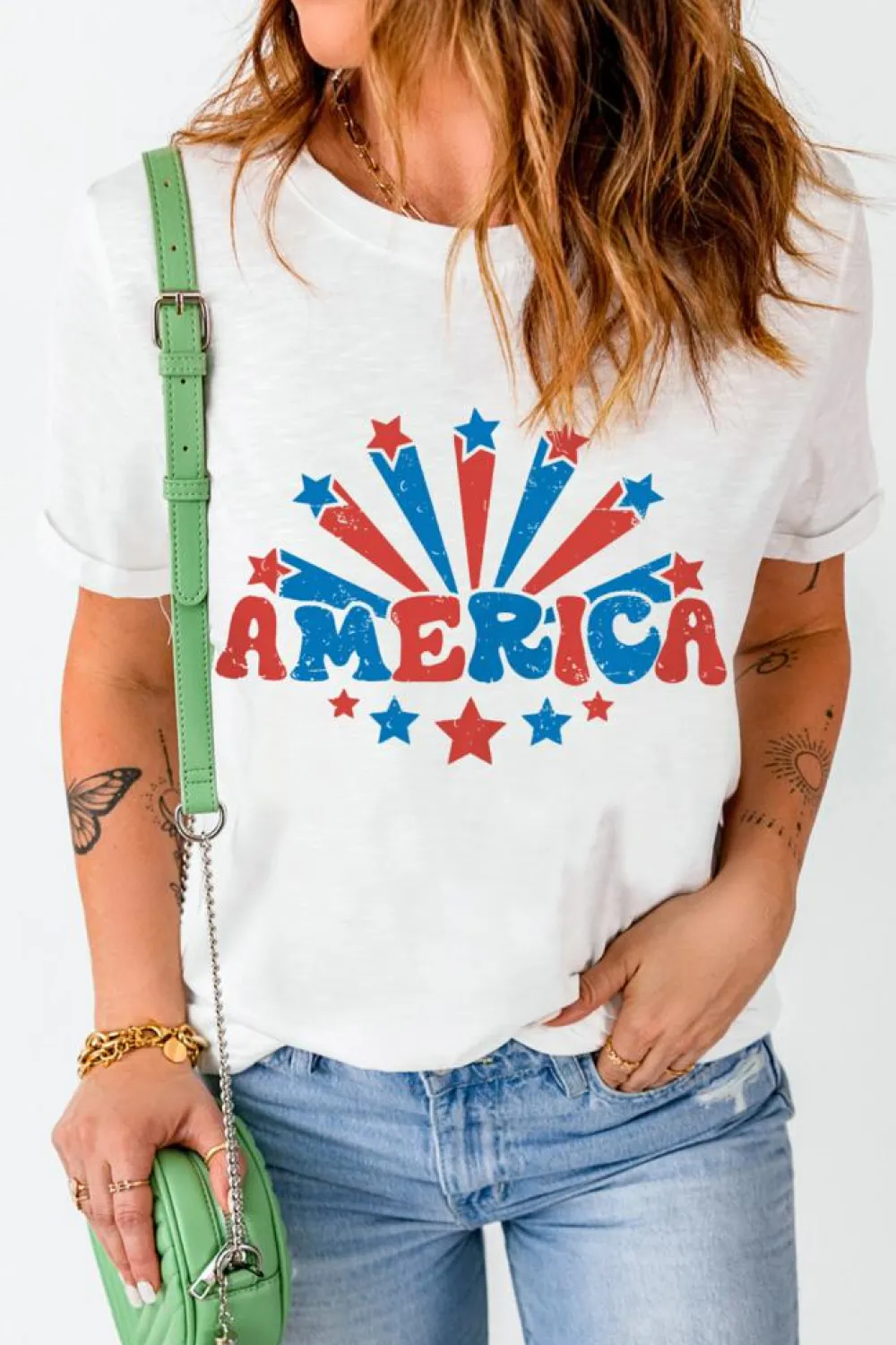 Hot Dear-Lover AMERICA Star Graphic Round Neck Tee White