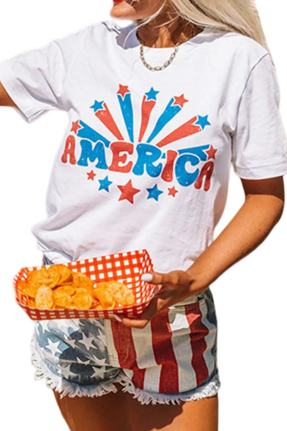 Hot Dear-Lover AMERICA Star Graphic Round Neck Tee White