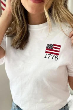 Online Dear-Lover American Flag 1776 Embroidered Pattern Crew Neck Tee White