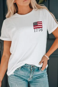 Online Dear-Lover American Flag 1776 Embroidered Pattern Crew Neck Tee White