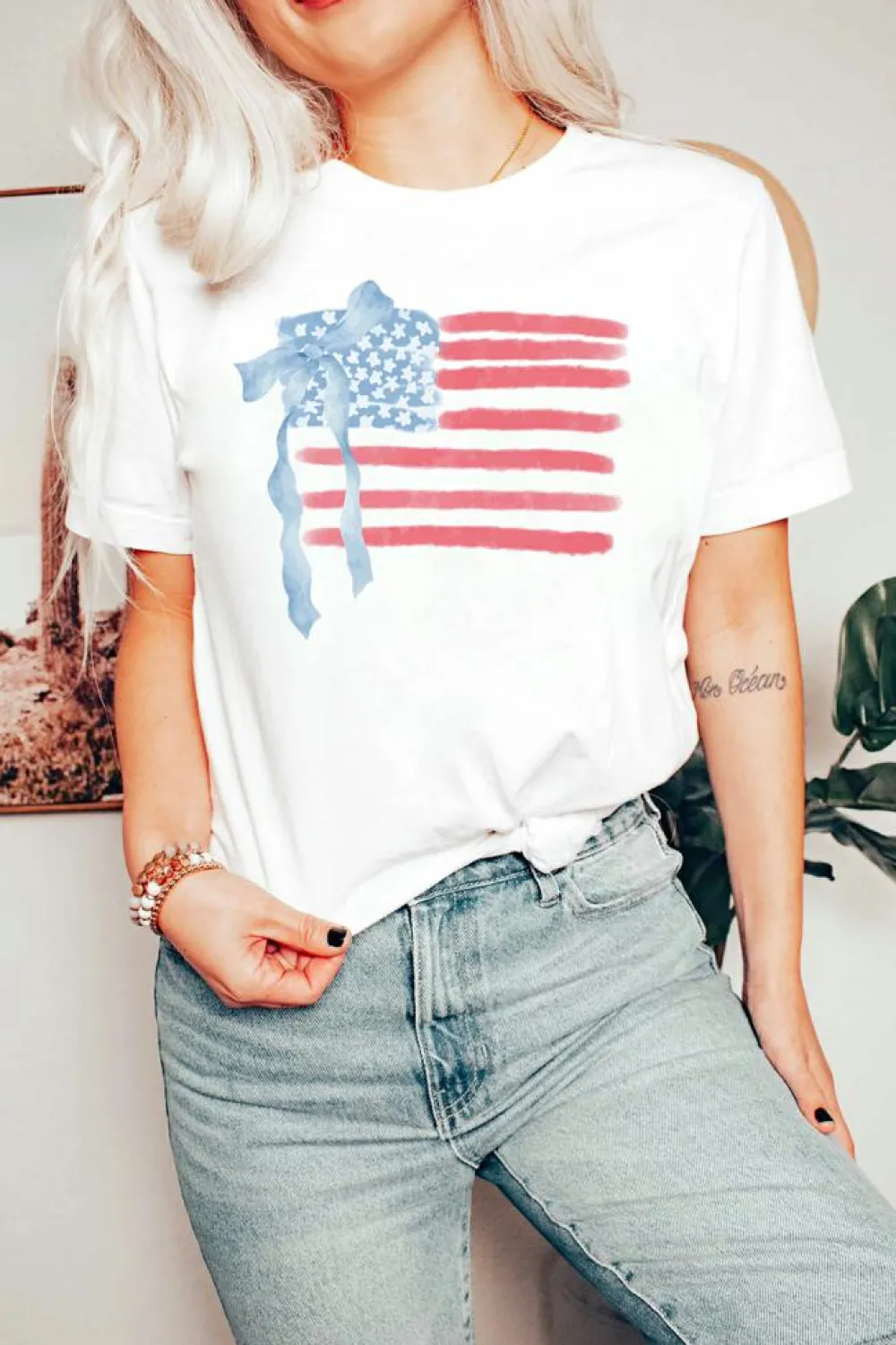 Discount Dear-Lover American Flag Bow Knot Print Crew Neck T Shirt White