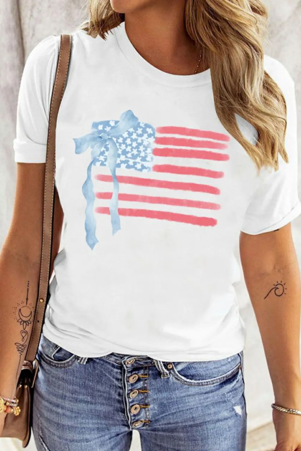 Discount Dear-Lover American Flag Bow Knot Print Crew Neck T Shirt White