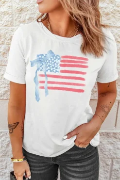 Discount Dear-Lover American Flag Bow Knot Print Crew Neck T Shirt White