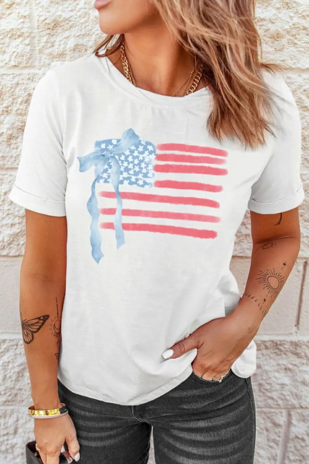 Discount Dear-Lover American Flag Bow Knot Print Crew Neck T Shirt White