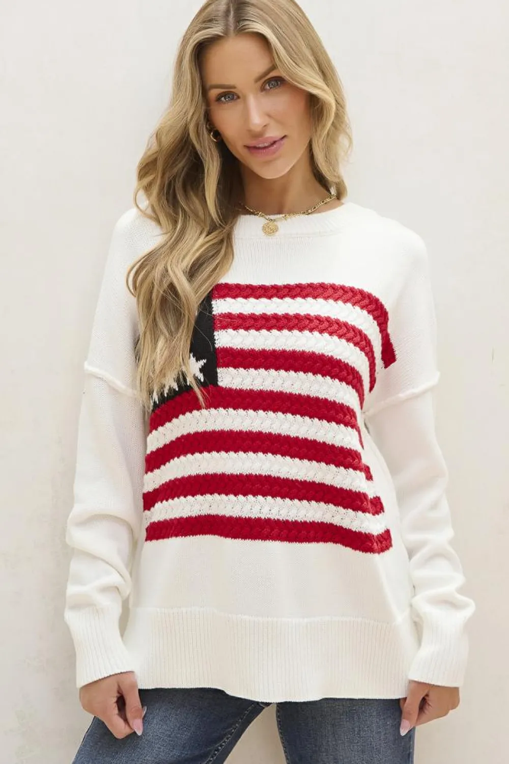 Discount Dear-Lover American Flag Cable Knit Drop Shoulder Sweater White