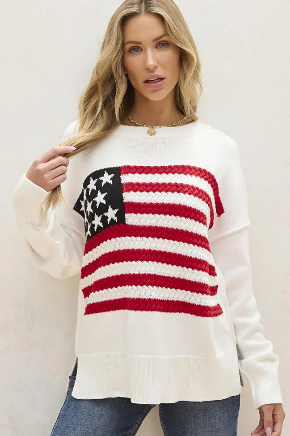 Discount Dear-Lover American Flag Cable Knit Drop Shoulder Sweater White