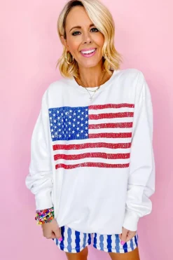 Discount Dear-Lover American Flag Graphic Drop Shoulder Loose Sweatshirt White