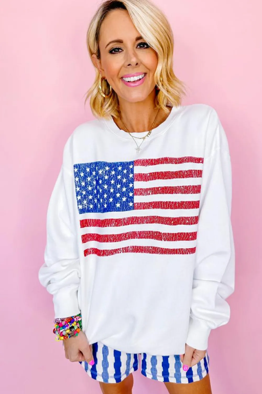 Discount Dear-Lover American Flag Graphic Drop Shoulder Loose Sweatshirt White