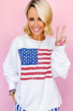 Discount Dear-Lover American Flag Graphic Drop Shoulder Loose Sweatshirt White