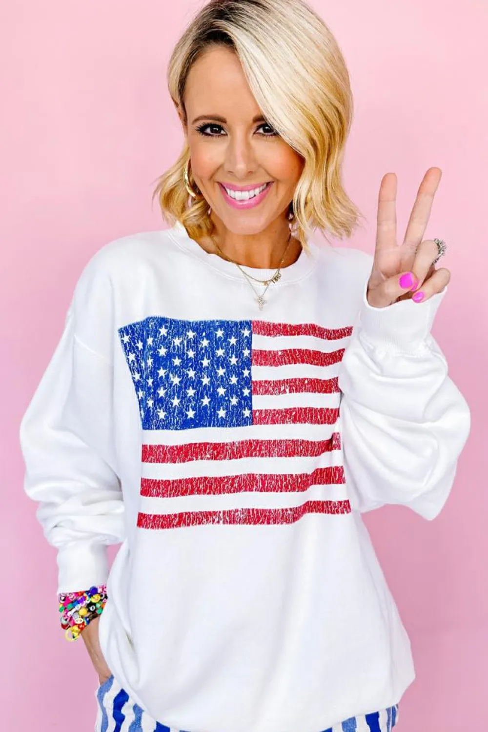 Discount Dear-Lover American Flag Graphic Drop Shoulder Loose Sweatshirt White