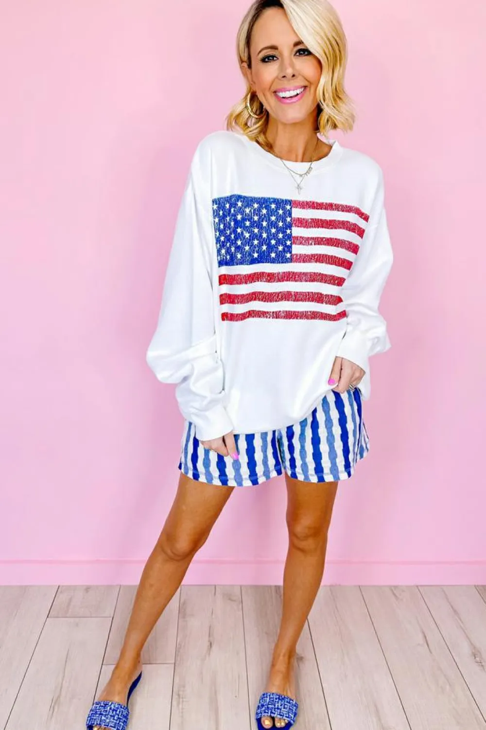 Discount Dear-Lover American Flag Graphic Drop Shoulder Loose Sweatshirt White