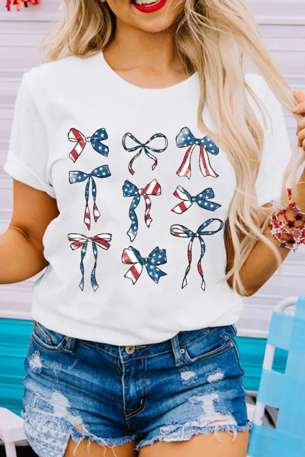 New Dear-Lover American Flag Pattern Bowknot Graphic Tee White