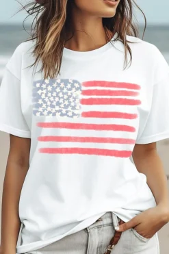Online Dear-Lover American Flag Pattern Crew Neck Short Sleeve Tee White